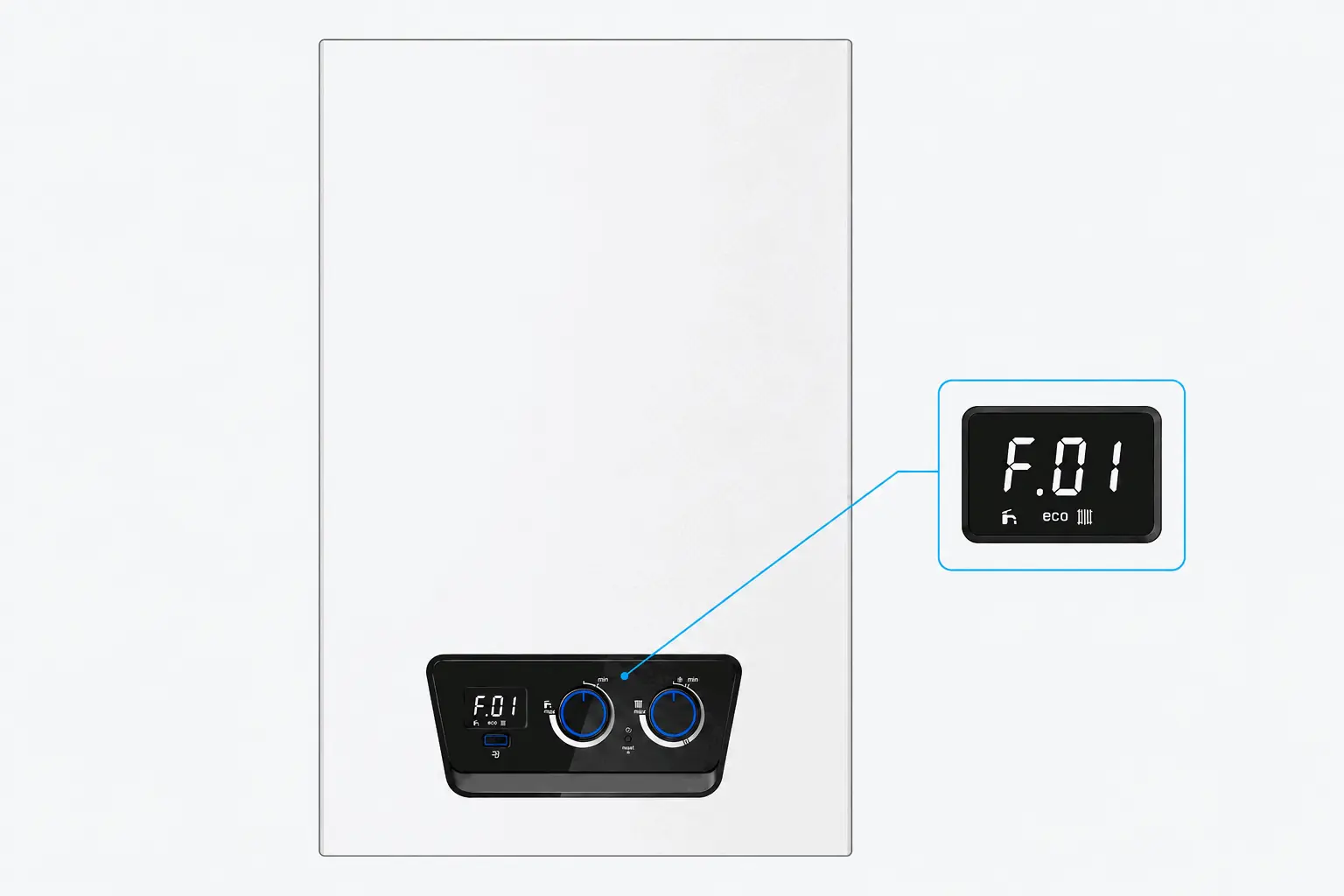 DemirDöküm Ademix kontrol panelinde F.01 dönüş sıcaklık sensörü arıza kodunu gösteren logosuz 2D kapak çizimi
