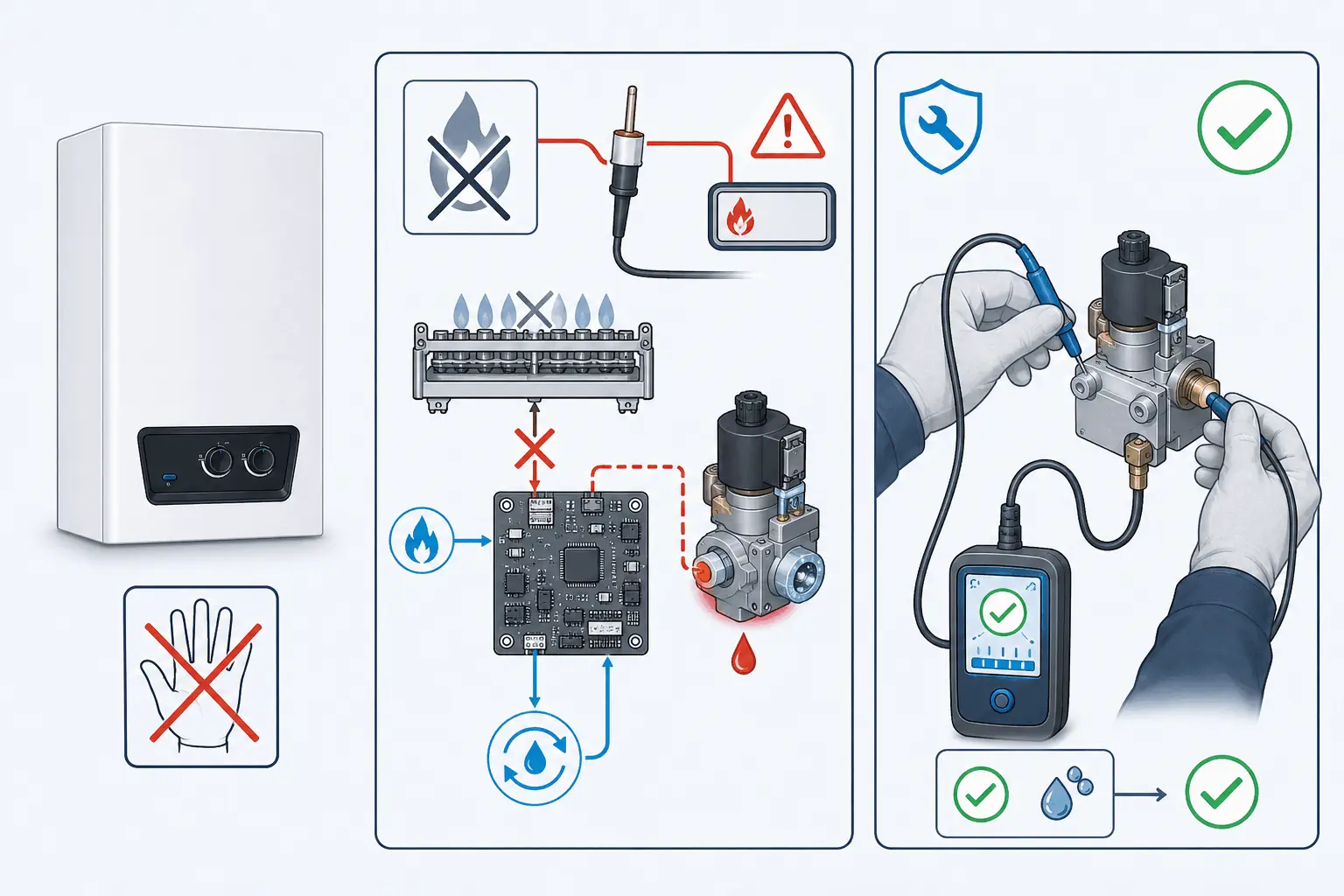 DemirDöküm Ademix F27 sahte alev emniyet kapatması için modele özel yetkili servis kontrolünü gösteren 2D teknik çizim