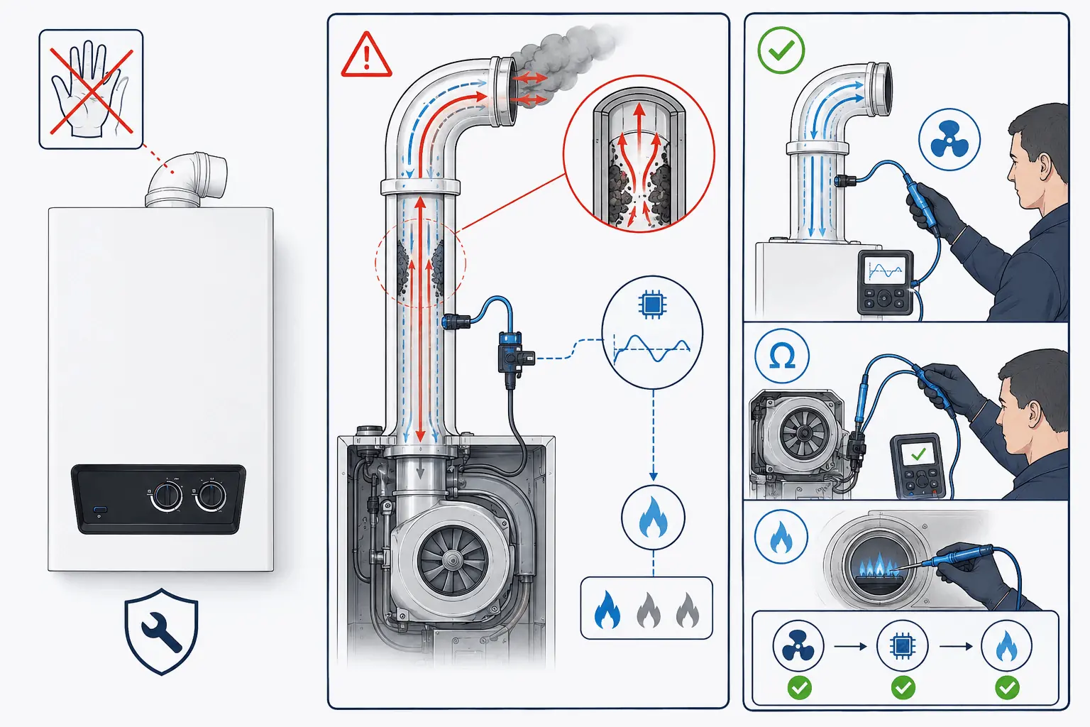 DemirDöküm Ademix F33 yanma havası/atık gaz sistemindeki basınç kaybı çok yüksek için modele özel yetkili servis kontrolünü gösteren 2D teknik çizim