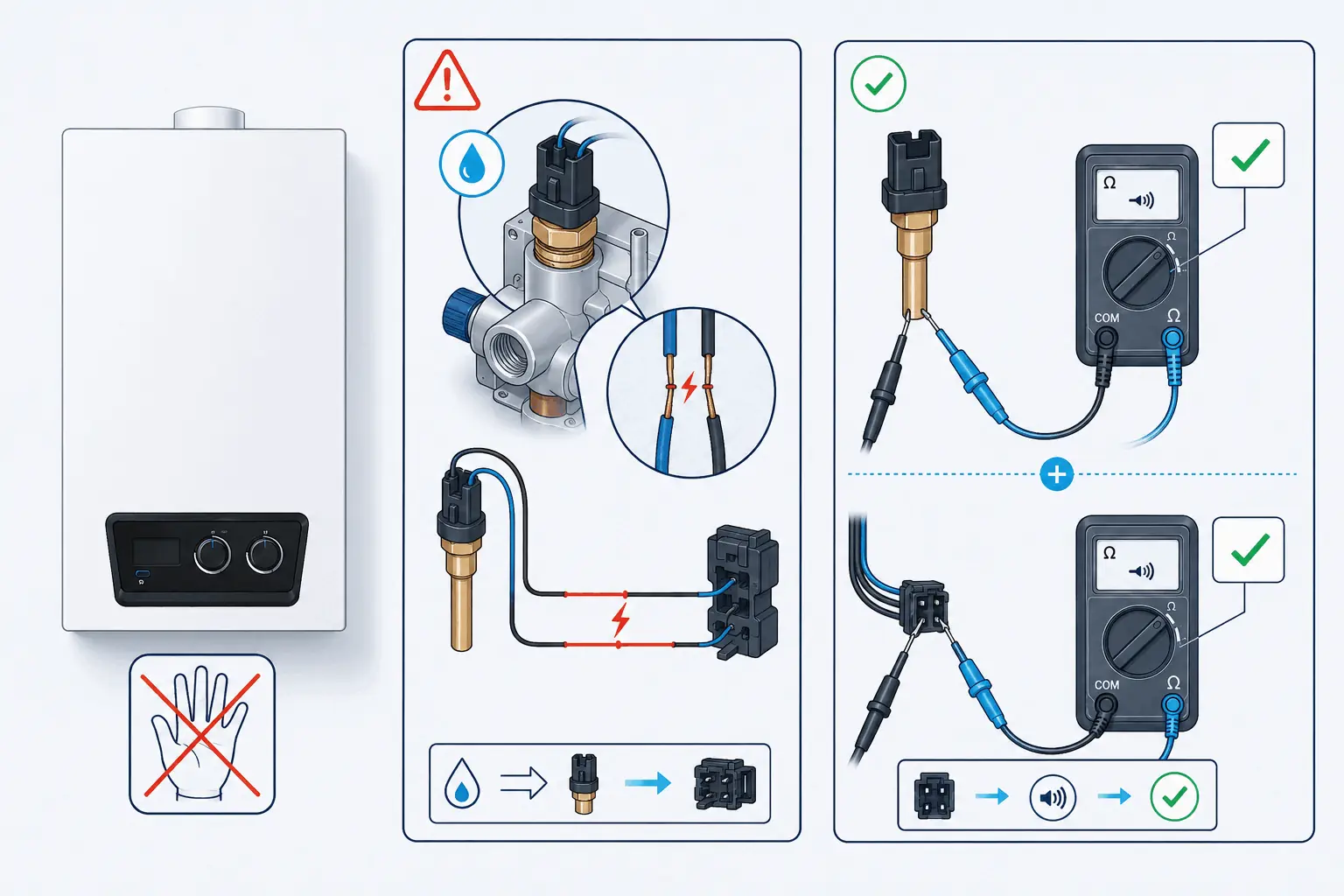 DemirDöküm Ademix F46 soğuk su sensöründe kısa devre için modele özel yetkili servis kontrolünü gösteren 2D teknik çizim