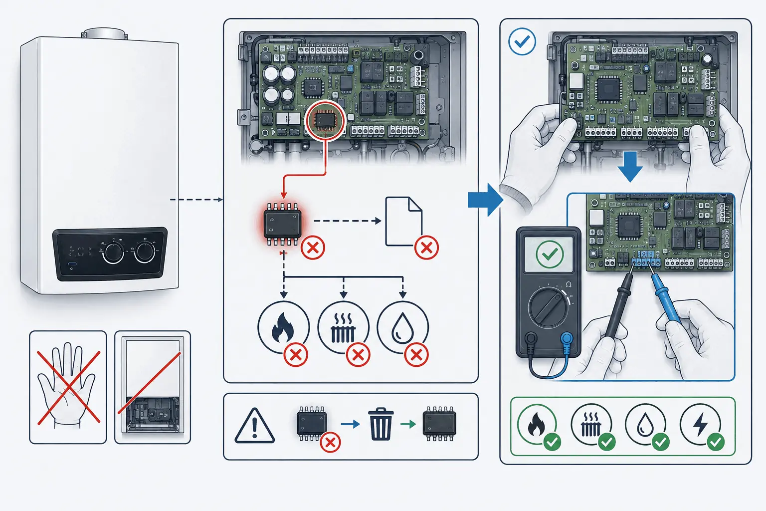 DemirDöküm Ademix F63 eeprom arızası için modele özel yetkili servis kontrolünü gösteren 2D teknik çizim