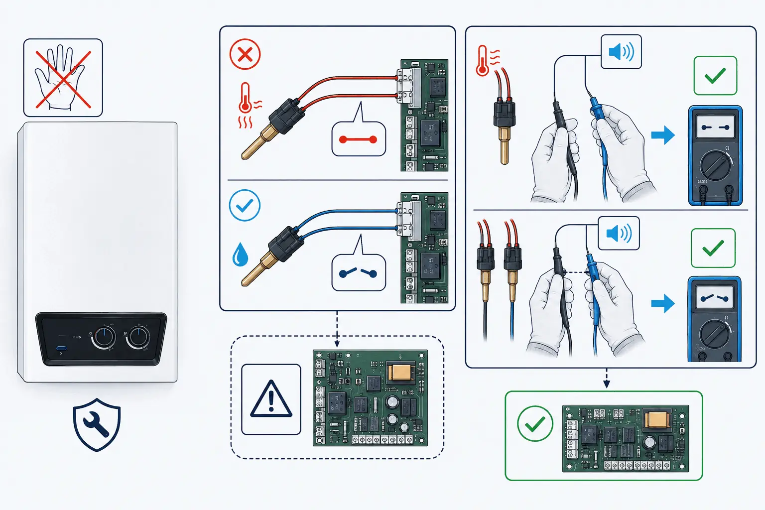 DemirDöküm Ademix F64 elektronik veya sıcaklık sensörü arızası için modele özel yetkili servis kontrolünü gösteren 2D teknik çizim