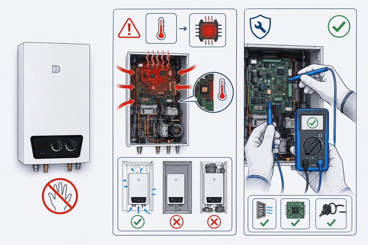 DemirDöküm Ademix F65 elektronik sisteminde sıcaklık arızası için modele özel yetkili servis kontrolünü gösteren 2D teknik çizim