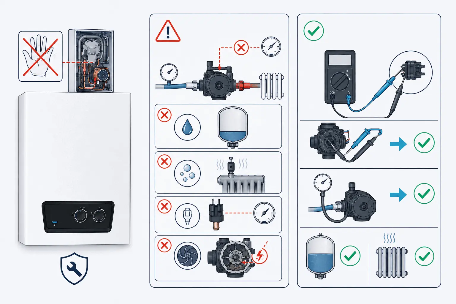 DemirDöküm Ademix F75 pompa arızası veya su eksikliği için modele özel yetkili servis kontrolünü gösteren 2D teknik çizim
