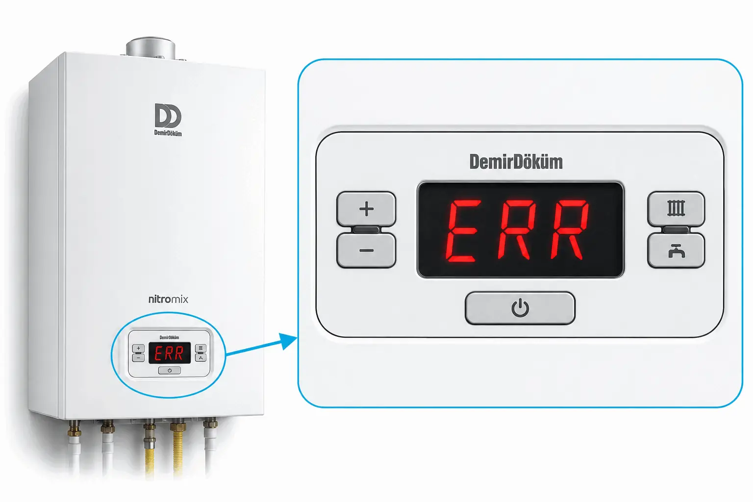 DemirDöküm Nitromix ekranında ERR ifadesini gösteren 2D çizim