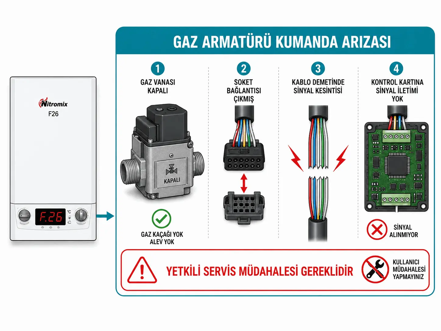 F.26 gaz armatürü adım motoru ile elektronik kart arasındaki kumanda kesintisini gösteren 2D çizim