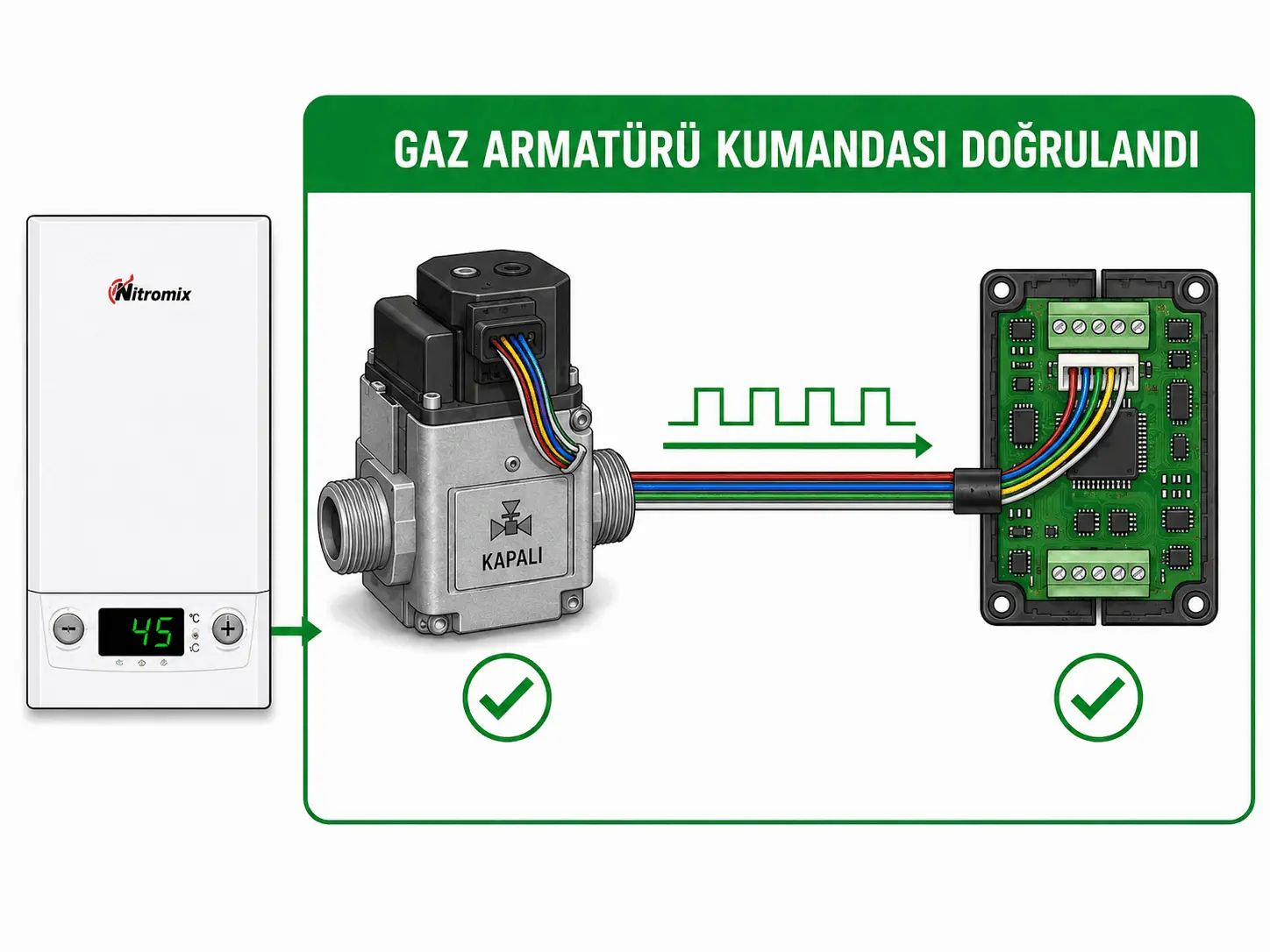 F.26 giderildikten sonra gaz armatürü adım motoru kumandasının doğrulanmasını gösteren 2D çizim
