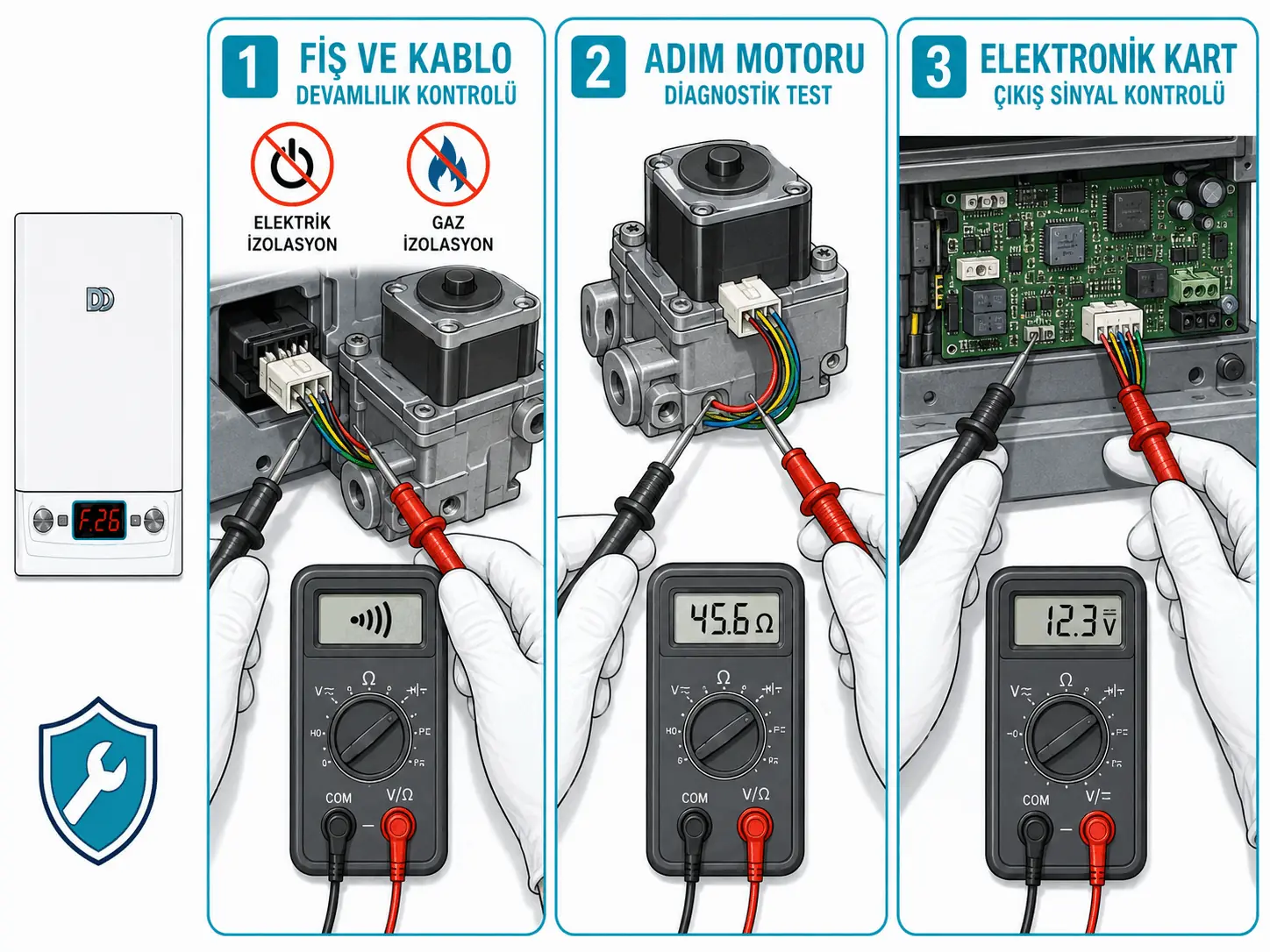 F.26 için gaz armatürü fişi, kablo demeti, adım motoru ve elektronik kart kontrolünü gösteren 2D çizim