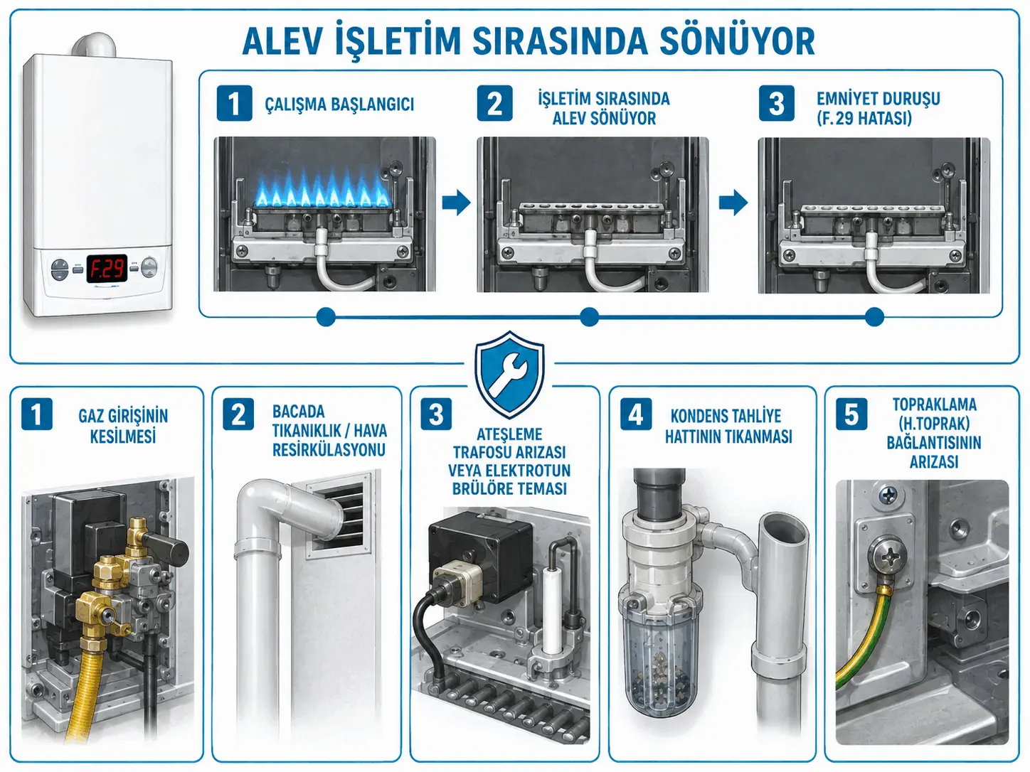 F.29 sırasında çalışan brülör alevinin gaz, baca, yoğuşma veya elektrot sorunu nedeniyle sönmesini gösteren 2D çizim