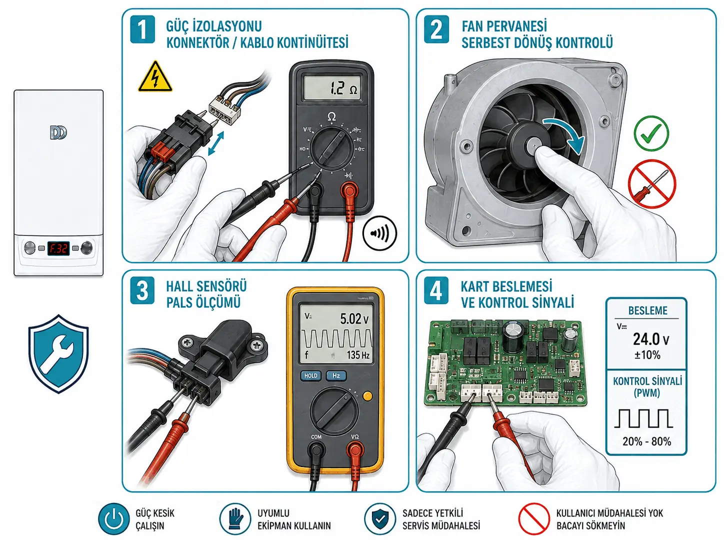 F.32 için fan, çoklu fiş, kablo, Hall sensörü ve elektronik kart servis kontrolünü gösteren 2D çizim