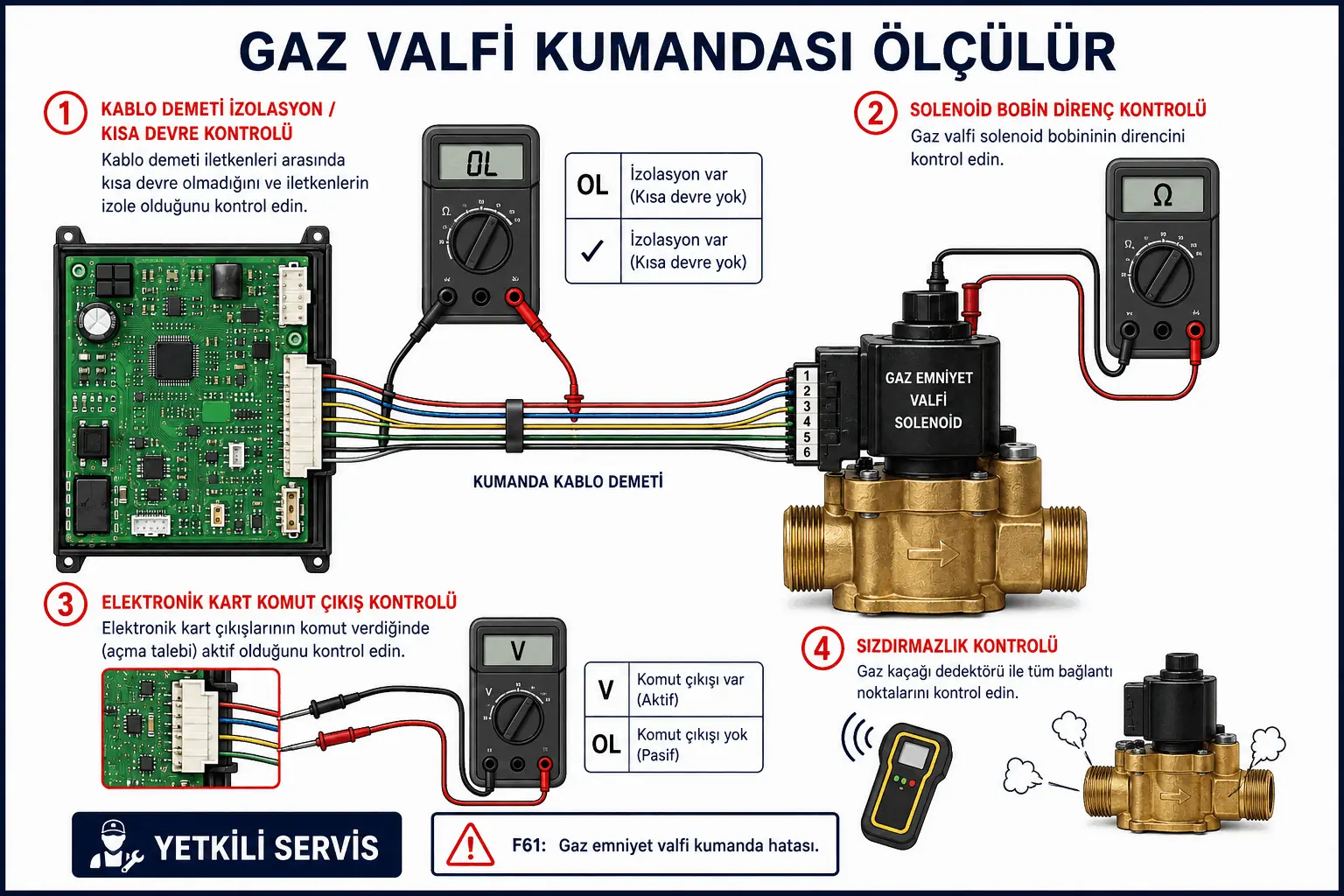 F.61 için kablo demeti gaz valfi ve elektronik kart servis kontrolünü gösteren 2D çizim