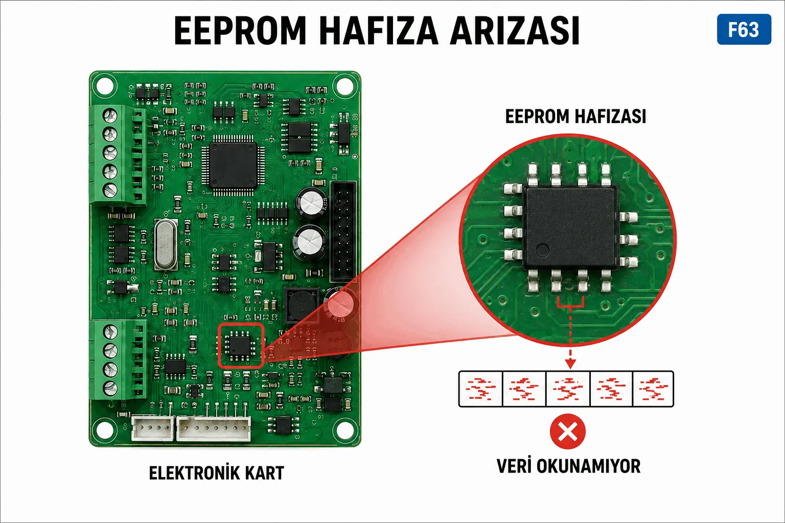 F.63 sırasında elektronik kart üzerindeki EEPROM hafızasında veri okuma arızasını gösteren 2D çizim