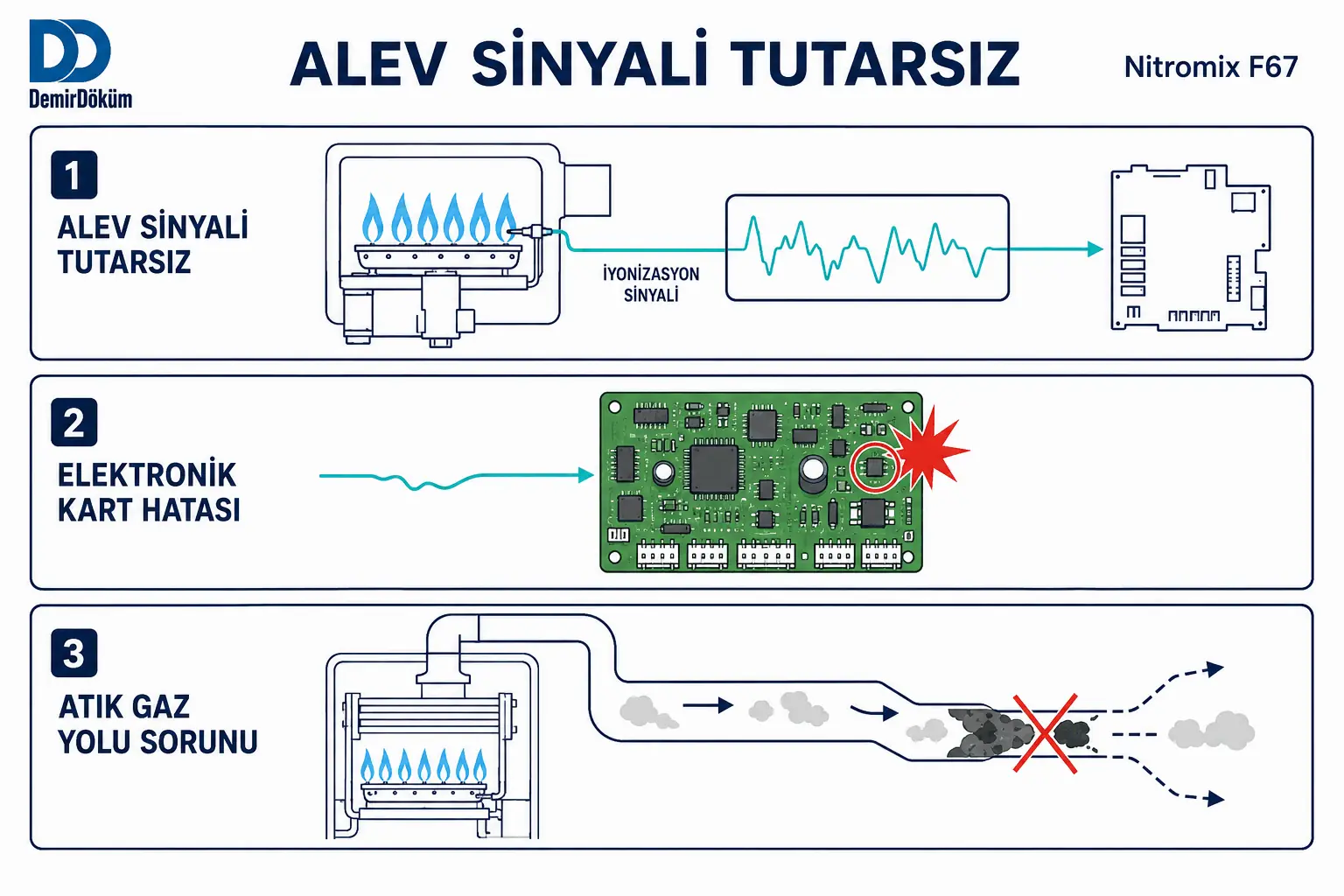 F.67 sırasında elektronik kart ile atık gaz yoluna bağlı tutarsız alev sinyalini gösteren 2D çizim