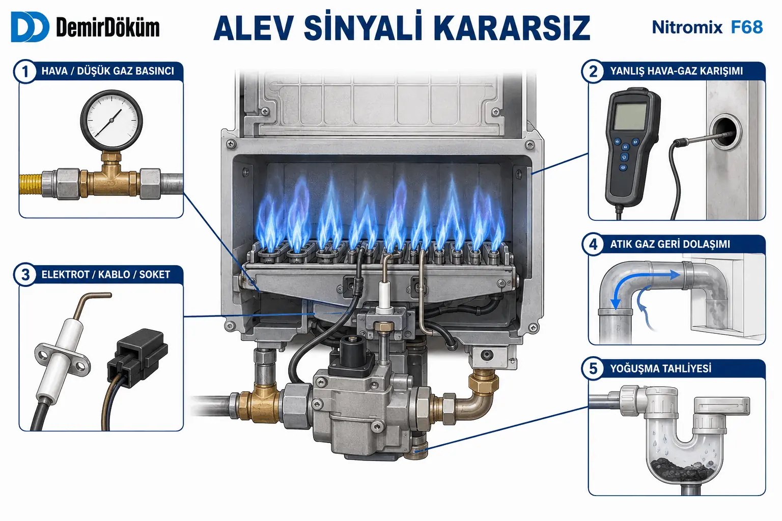 F.68 sırasında gaz hava karışımı elektrot baca ve yoğuşma sorunlarının kararsız aleve etkisini gösteren 2D çizim